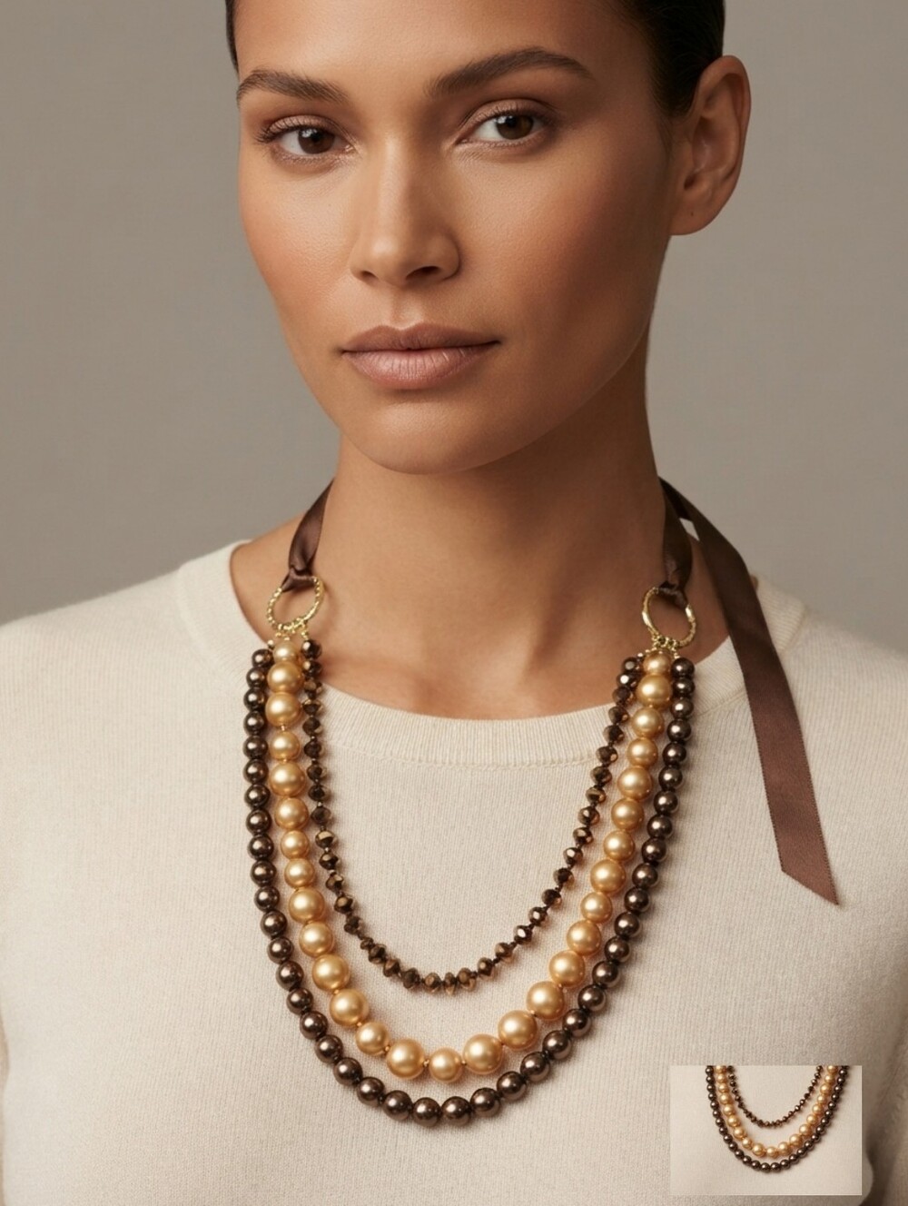Women's Elegant Brown And Gold Faux Pearl Multi-Strand Statement Necklace - Picture 11 of 14